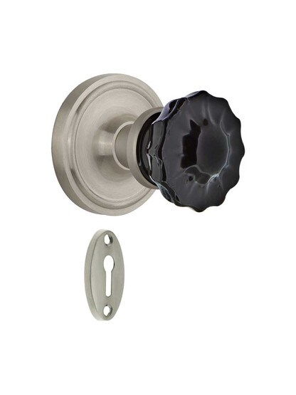 Classic Rosette Mortise Lock Set with Colored Fluted Crystal Glass Knobs Black in Satin Nickel.